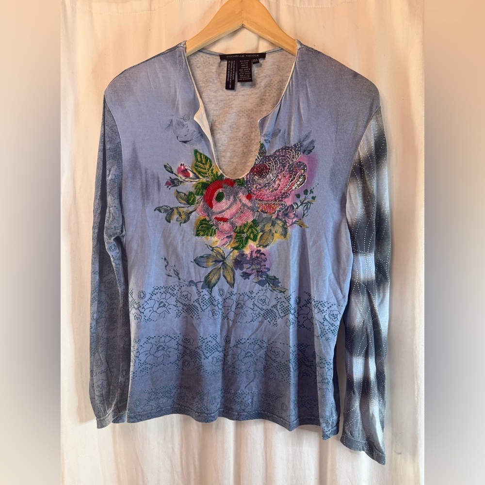 Michelle Nicole Blue Floral Beaded Long Sleeve Tee